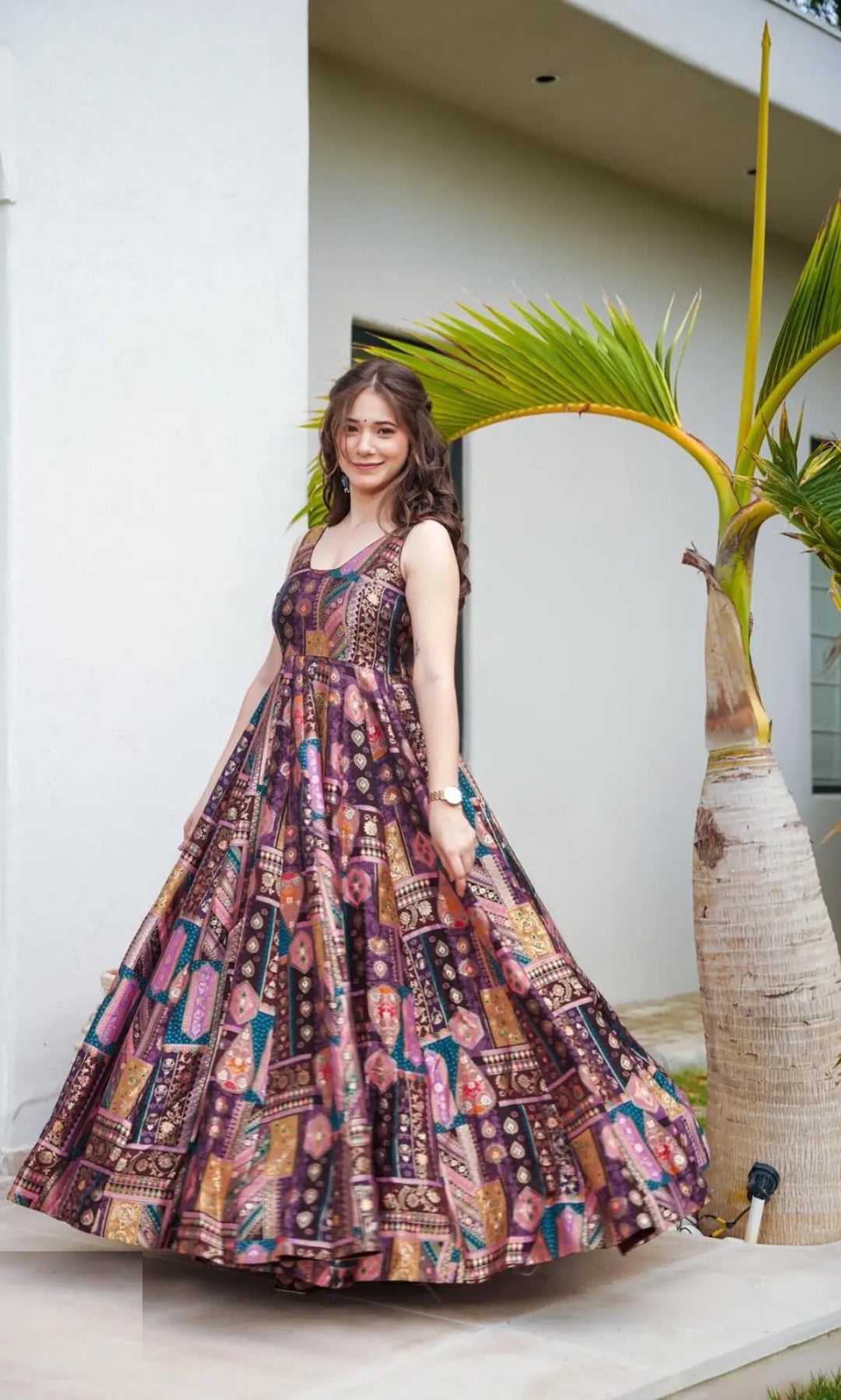 Women Purple Multi Silk Digital Print Gown With Dupatta