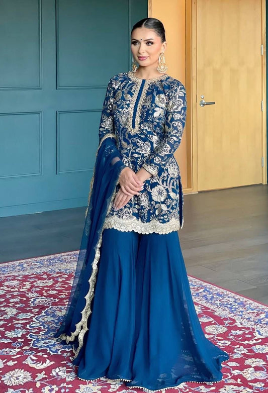 Women Royal Blue Georgette Thread Sequins Embroidery Work Sharara Bottom Suit Set