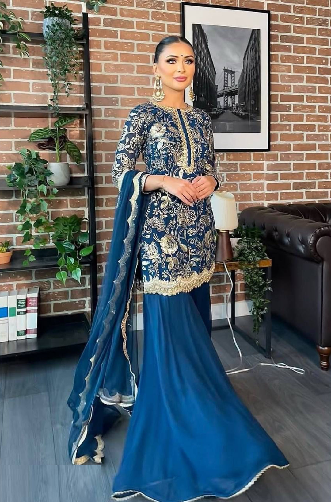 Women Royal Blue Georgette Thread Sequins Embroidery Work Sharara Bottom Suit Set