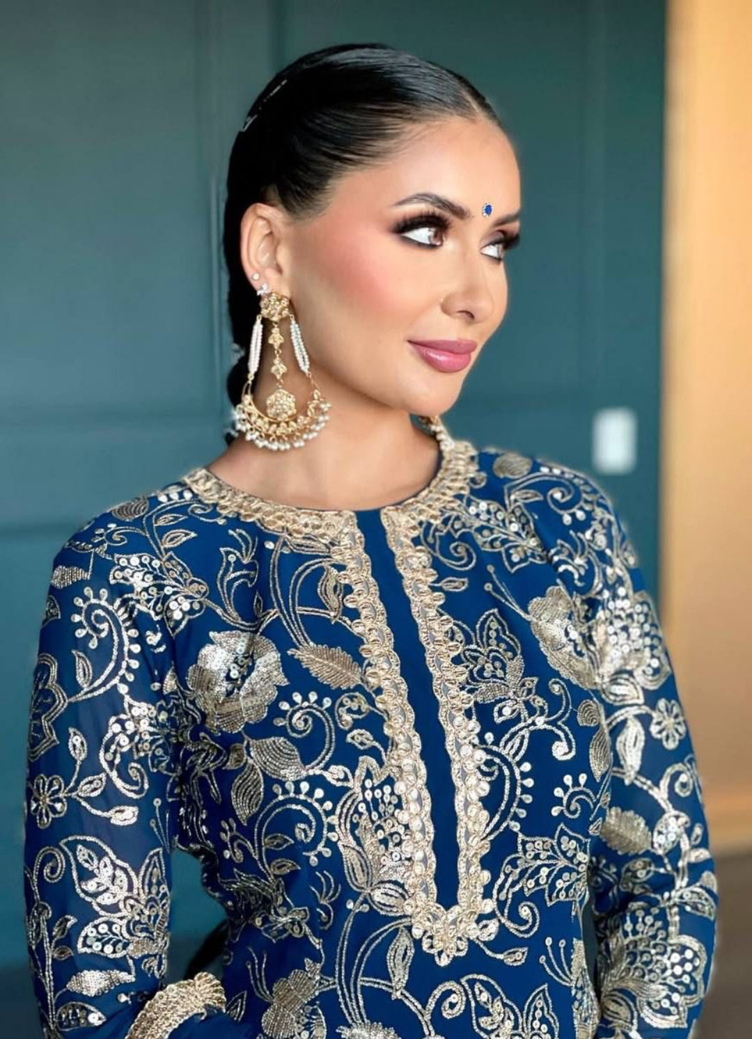 Women Royal Blue Georgette Thread Sequins Embroidery Work Sharara Bottom Suit Set