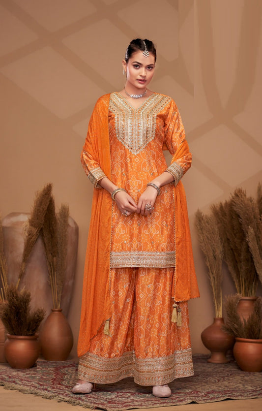Luxurious Orange Chinon With Embroidery Work Palazzo Bottom Suit Set