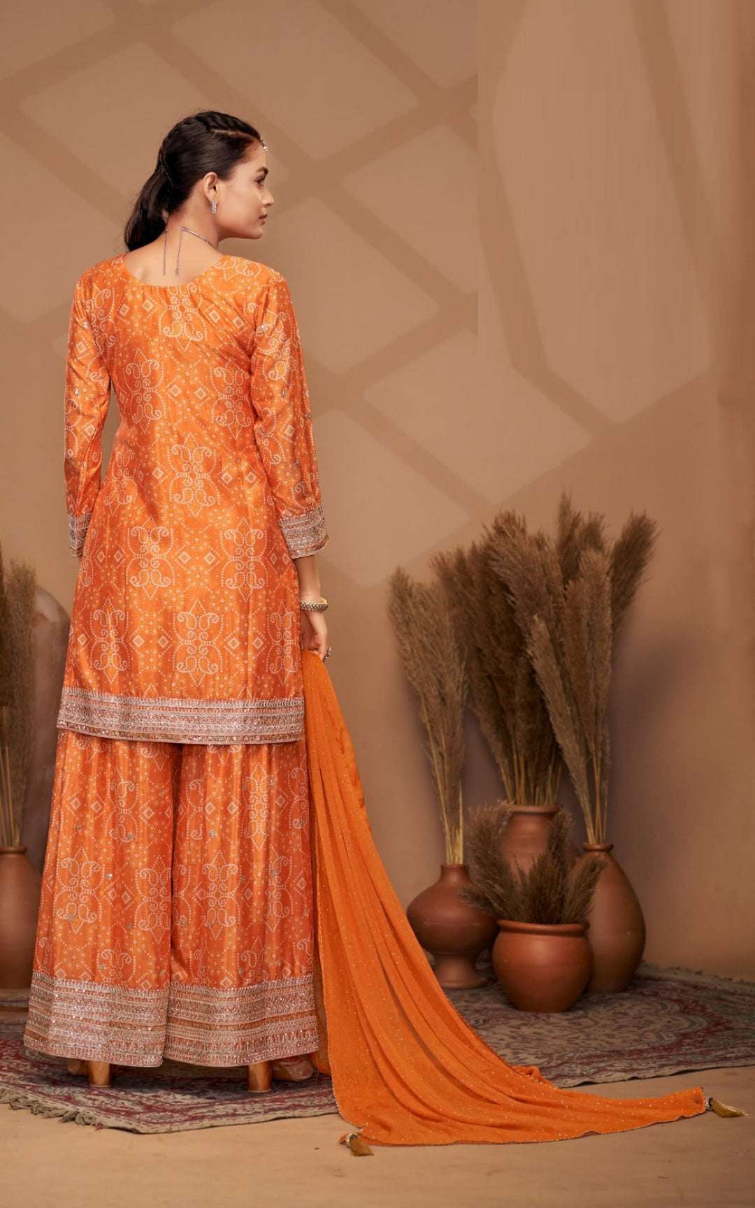 Luxurious Orange Chinon With Embroidery Work Palazzo Bottom Suit Set