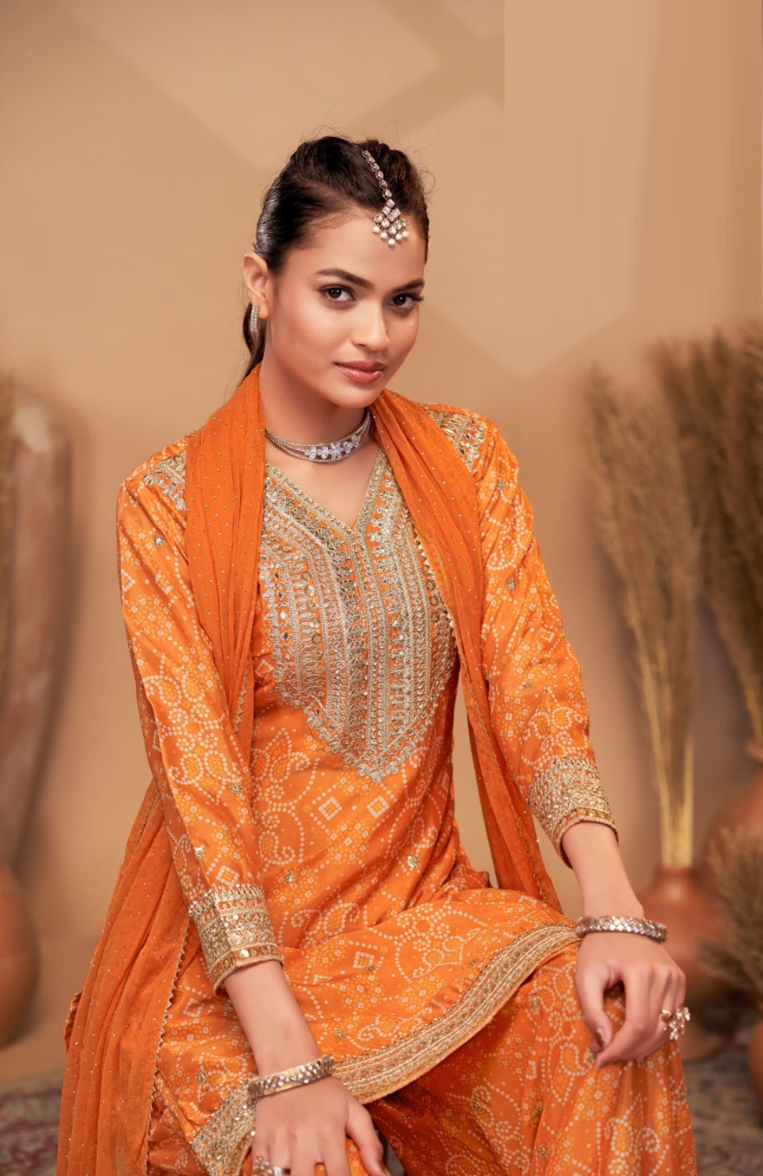 Luxurious Orange Chinon With Embroidery Work Palazzo Bottom Suit Set