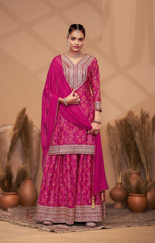 Refined Pink Chinon With Embroidery Work Palazzo Bottom Suit Set