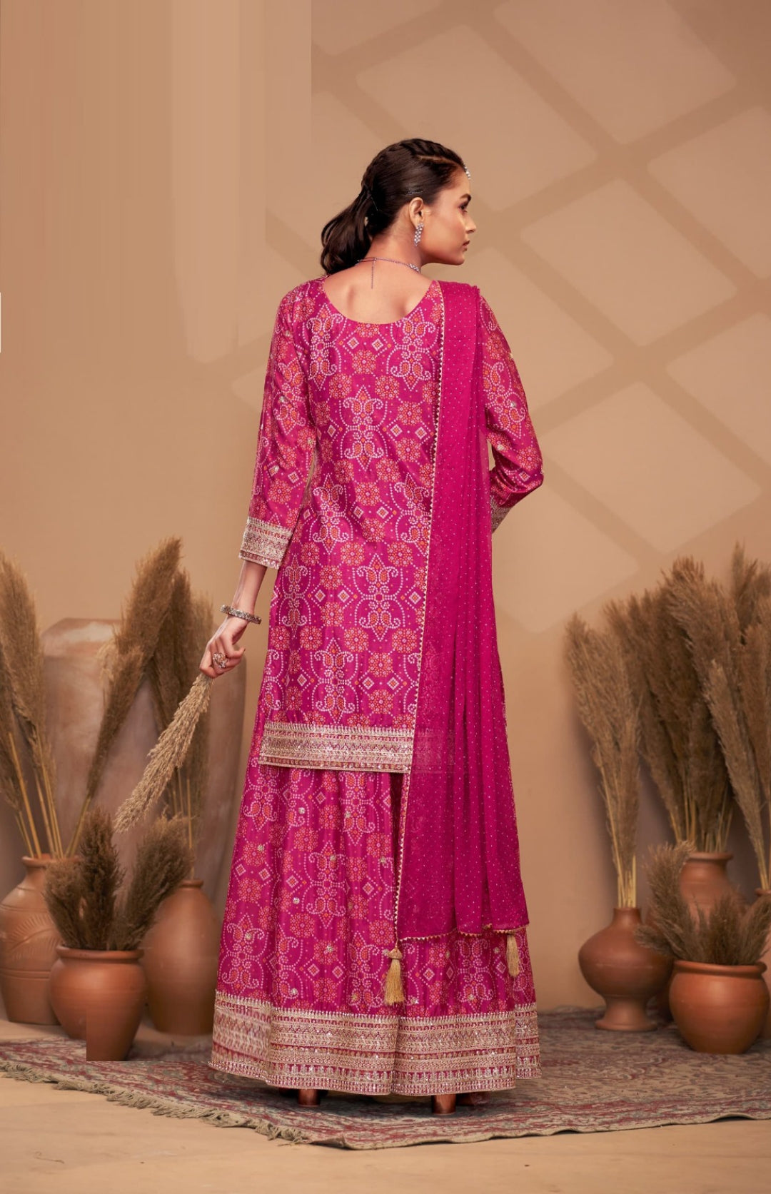 Refined Pink Chinon With Embroidery Work Palazzo Bottom Suit Set