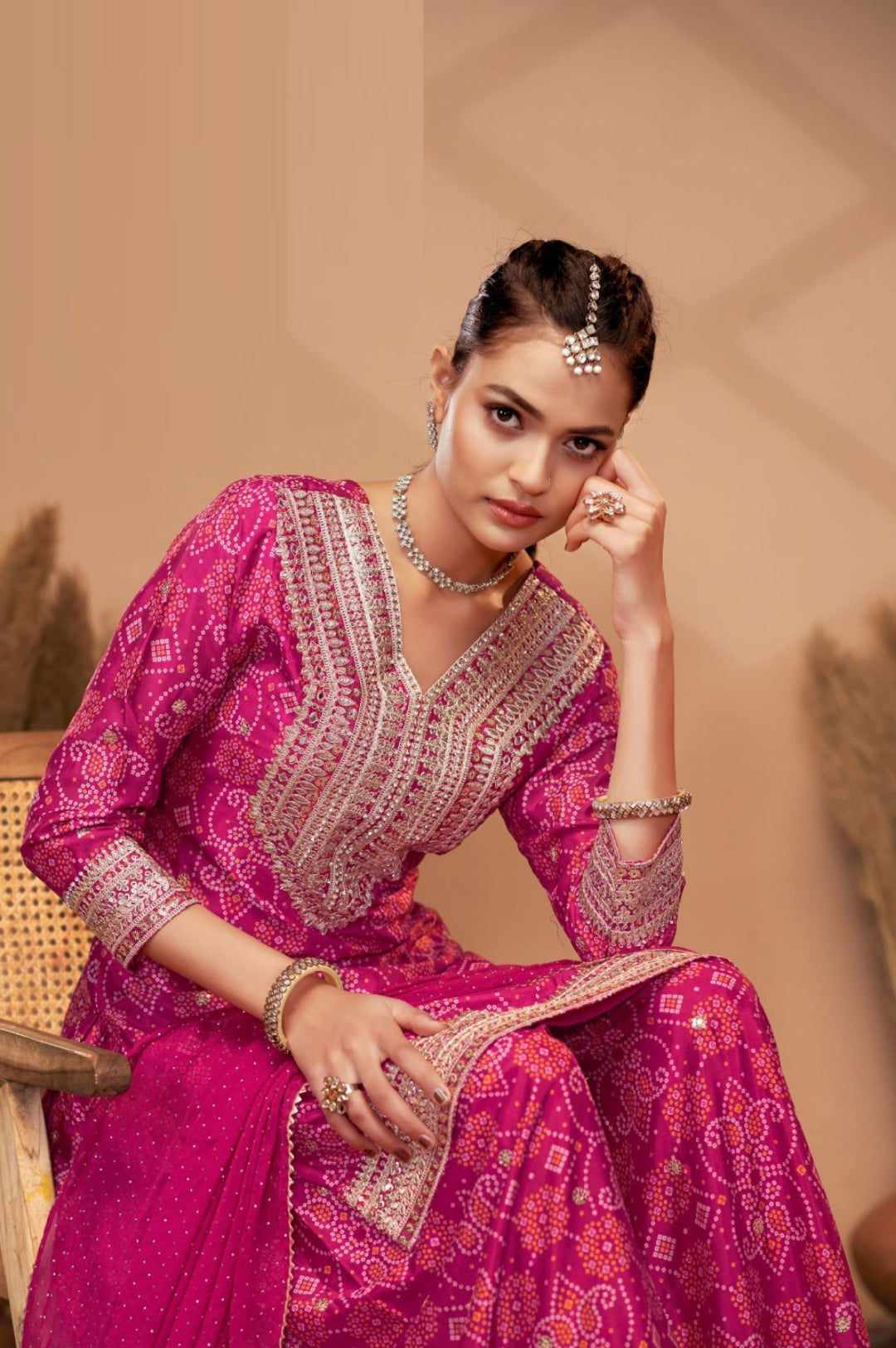 Refined Pink Chinon With Embroidery Work Palazzo Bottom Suit Set