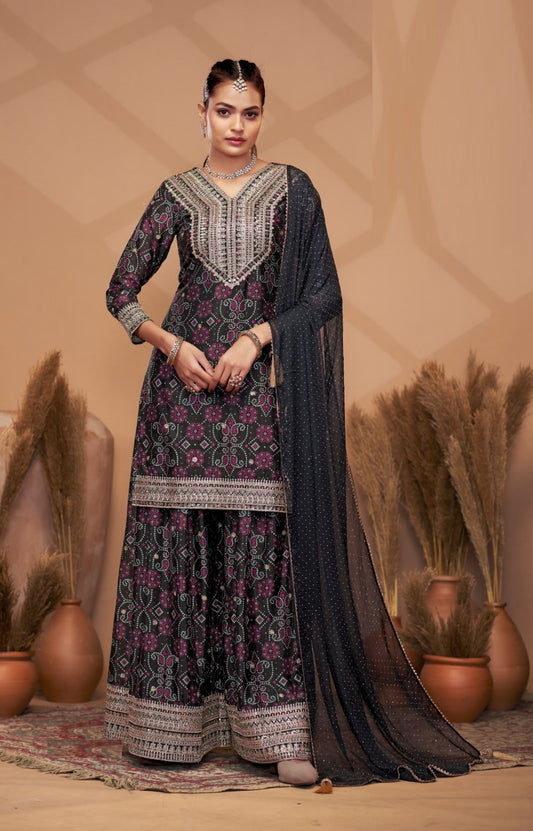 Tailored Black Chinon With Embroidery Work Palazzo Bottom Suit Set