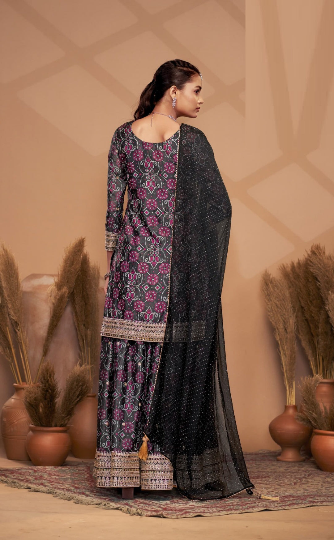 Tailored Black Chinon With Embroidery Work Palazzo Bottom Suit Set