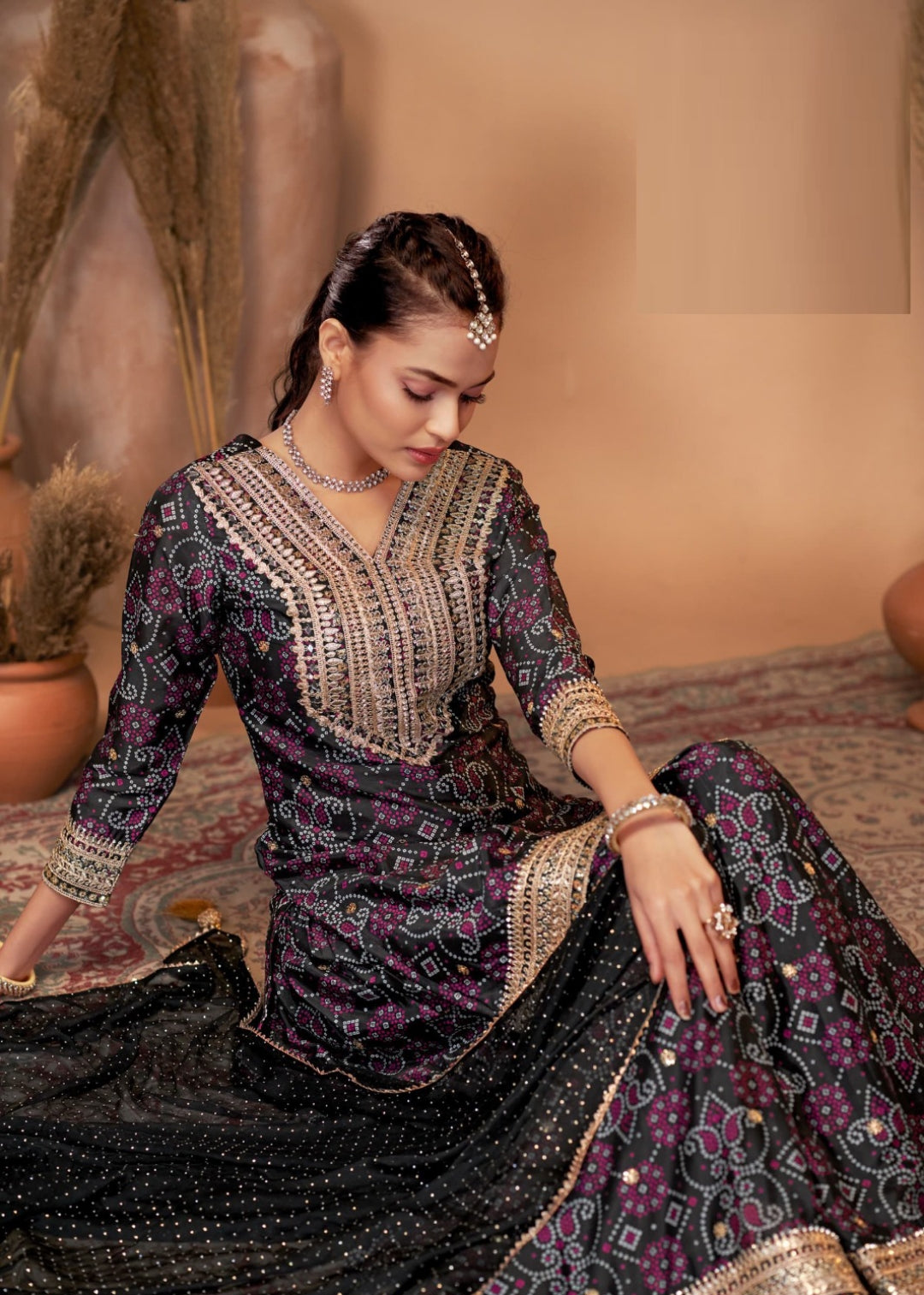 Tailored Black Chinon With Embroidery Work Palazzo Bottom Suit Set