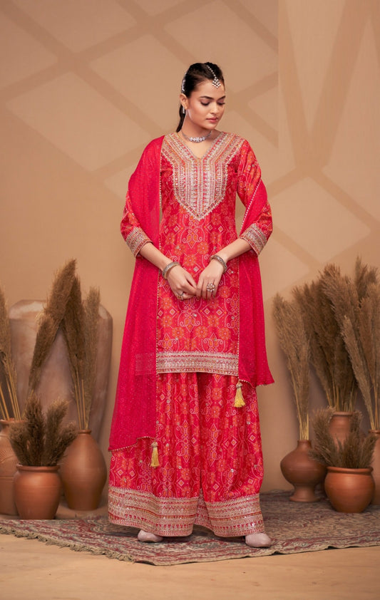 Polished Red Chinon With Embroidery Work Palazzo Bottom Suit Set