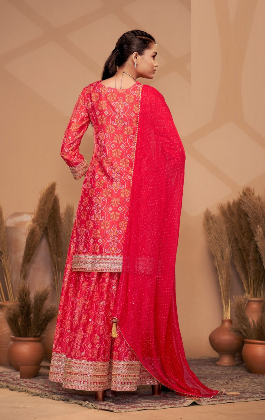 Polished Red Chinon With Embroidery Work Palazzo Bottom Suit Set