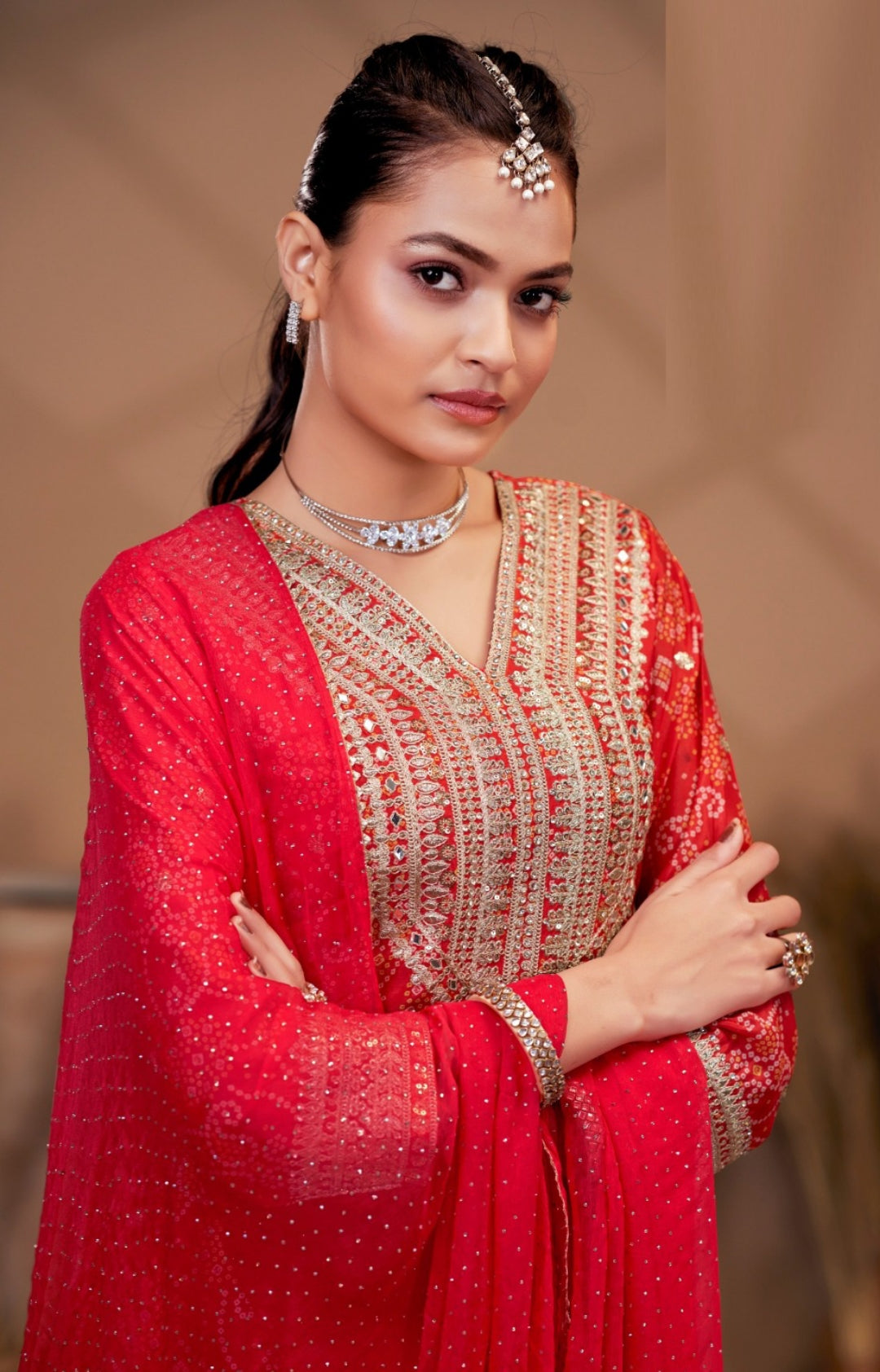 Polished Red Chinon With Embroidery Work Palazzo Bottom Suit Set