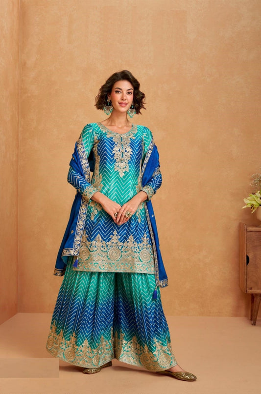 Chic Teal And Blue Premium Chinon Silk Palazzo Bottom Suit Set