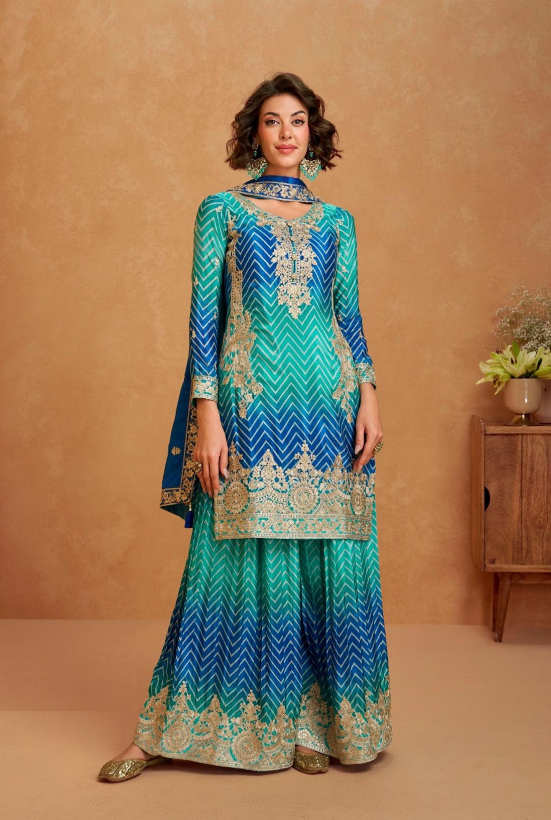 Chic Teal And Blue Premium Chinon Silk Palazzo Bottom Suit Set