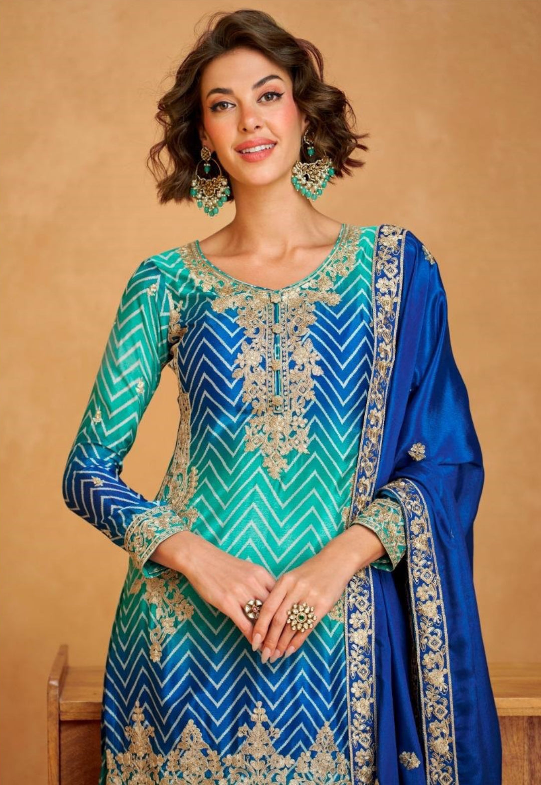 Chic Teal And Blue Premium Chinon Silk Palazzo Bottom Suit Set