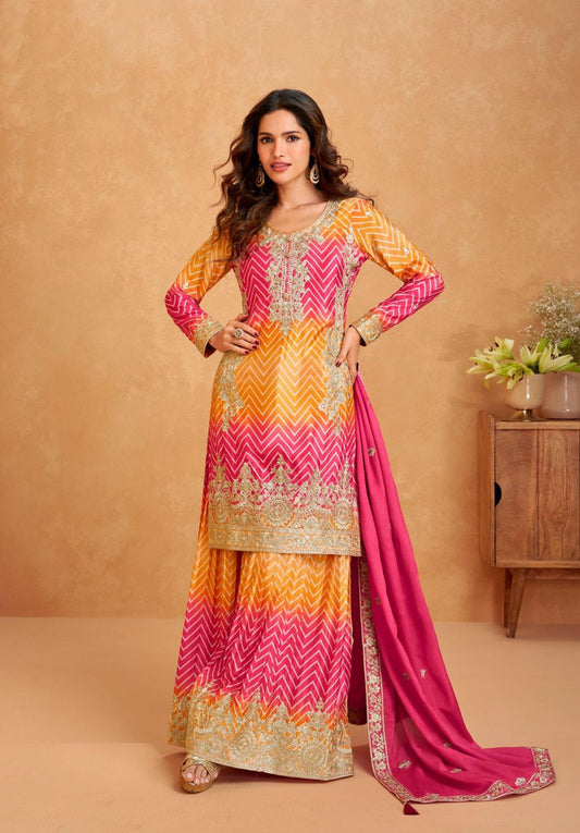 Elegant Mustard And Pink Premium Chinon Silk Palazzo Bottom Suit Set