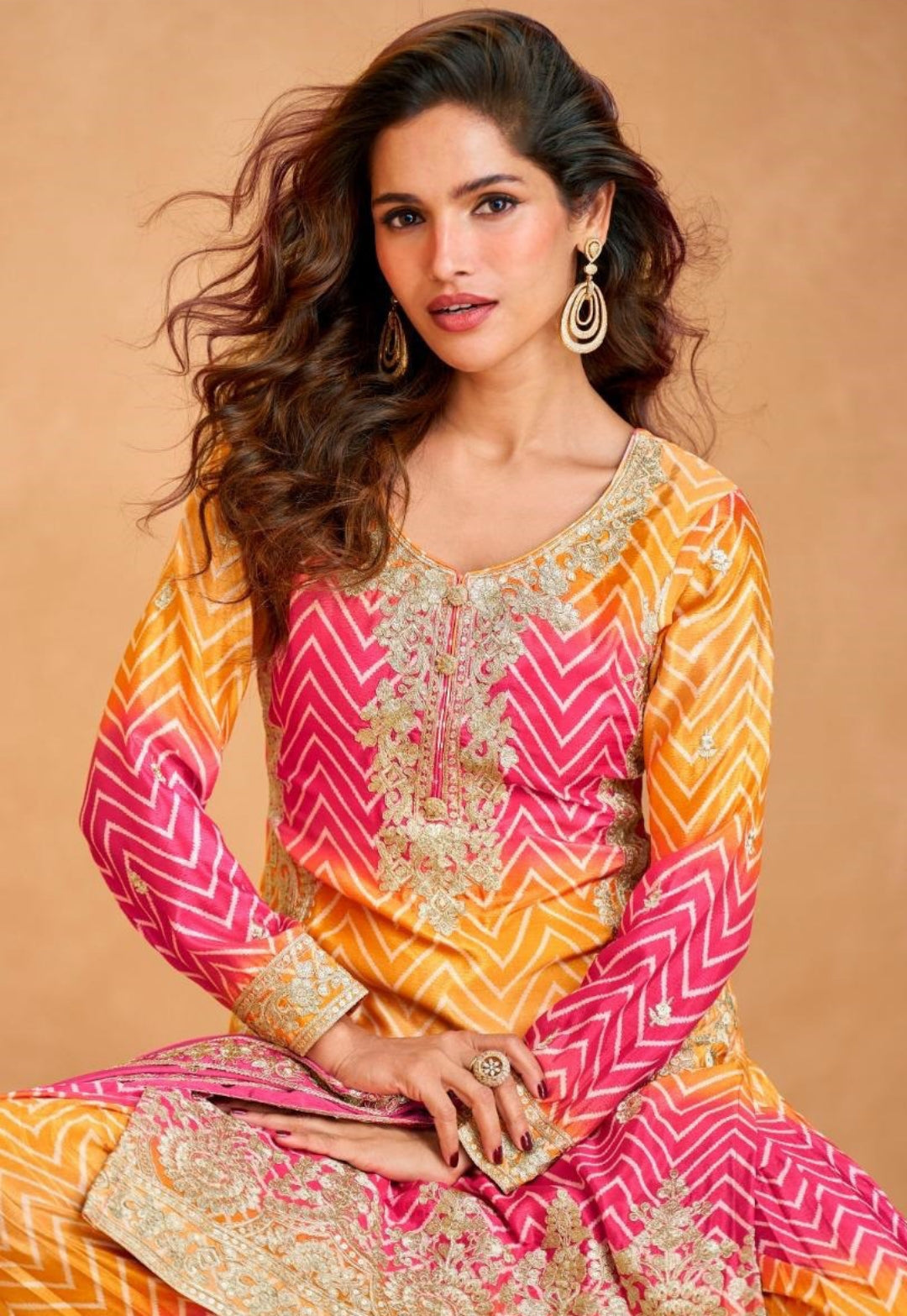 Elegant Mustard And Pink Premium Chinon Silk Palazzo Bottom Suit Set