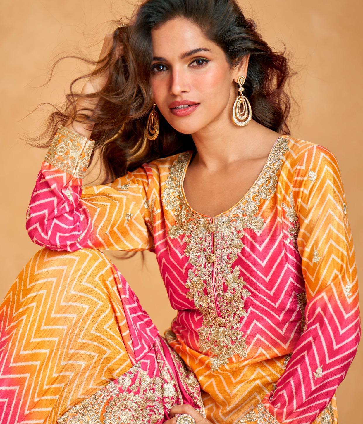 Elegant Mustard And Pink Premium Chinon Silk Palazzo Bottom Suit Set