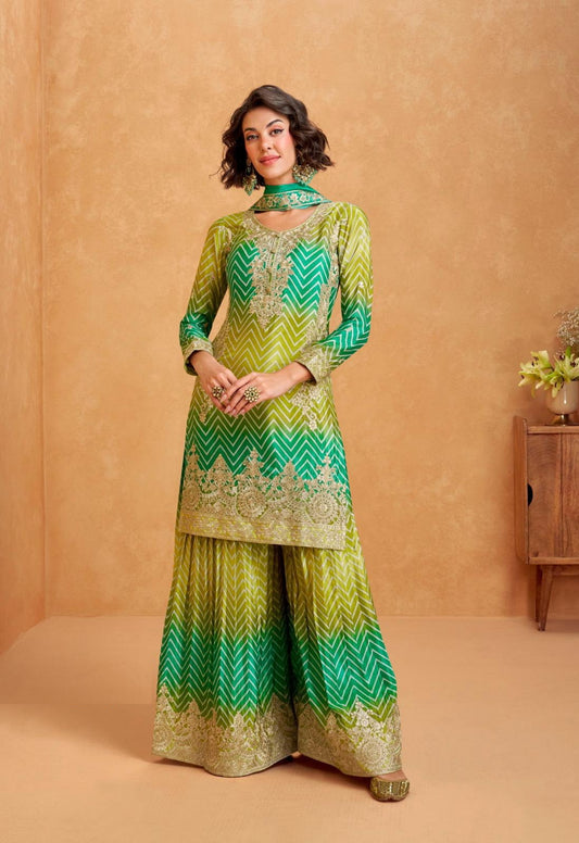 Timeless Multi Green Premium Chinon Silk Palazzo Bottom Suit Set