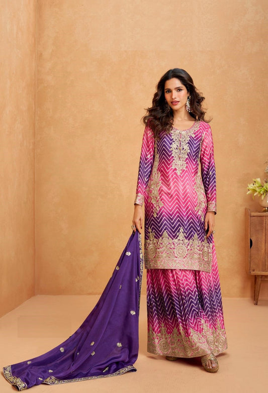 Sophisticated Purple And Pink Premium Chinon Silk Palazzo Bottom Suit Set