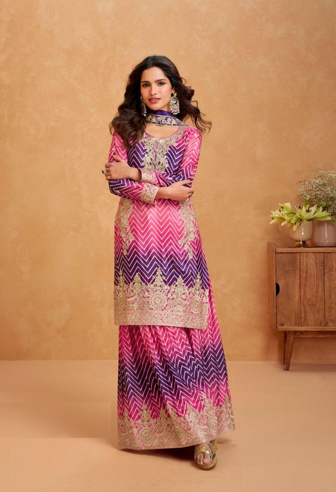 Sophisticated Purple And Pink Premium Chinon Silk Palazzo Bottom Suit Set