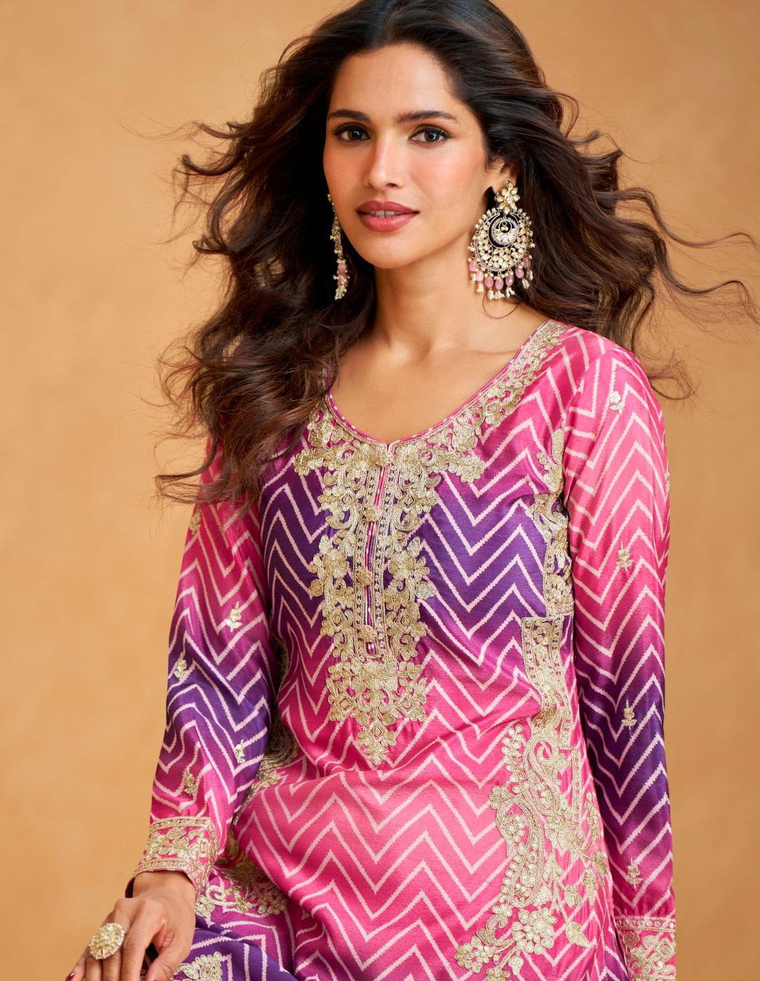 Sophisticated Purple And Pink Premium Chinon Silk Palazzo Bottom Suit Set