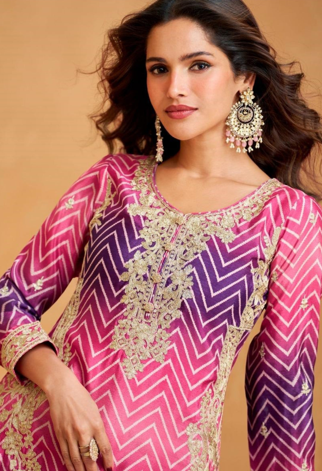 Sophisticated Purple And Pink Premium Chinon Silk Palazzo Bottom Suit Set