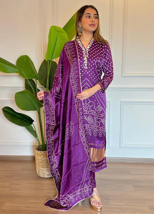Women Purple Viscose Gajji Silk Bandhani Print Suit Set