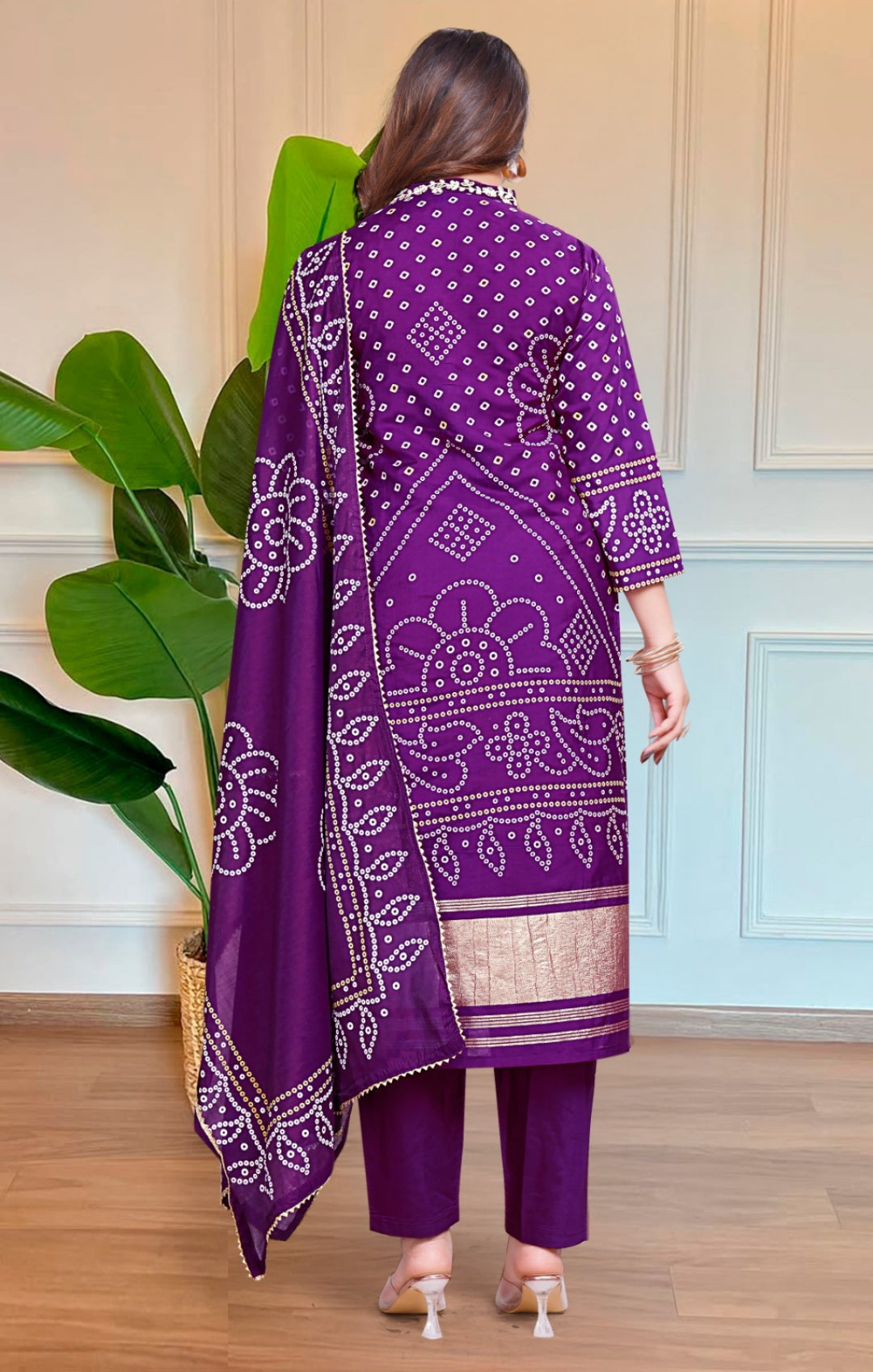 Women Purple Viscose Gajji Silk Bandhani Print Suit Set