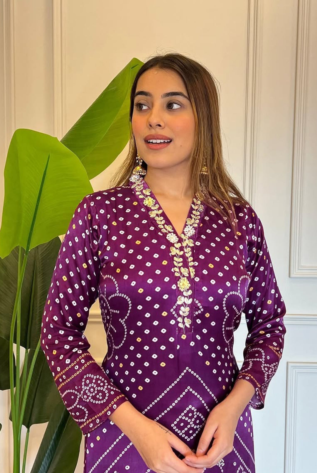 Women Purple Viscose Gajji Silk Bandhani Print Suit Set