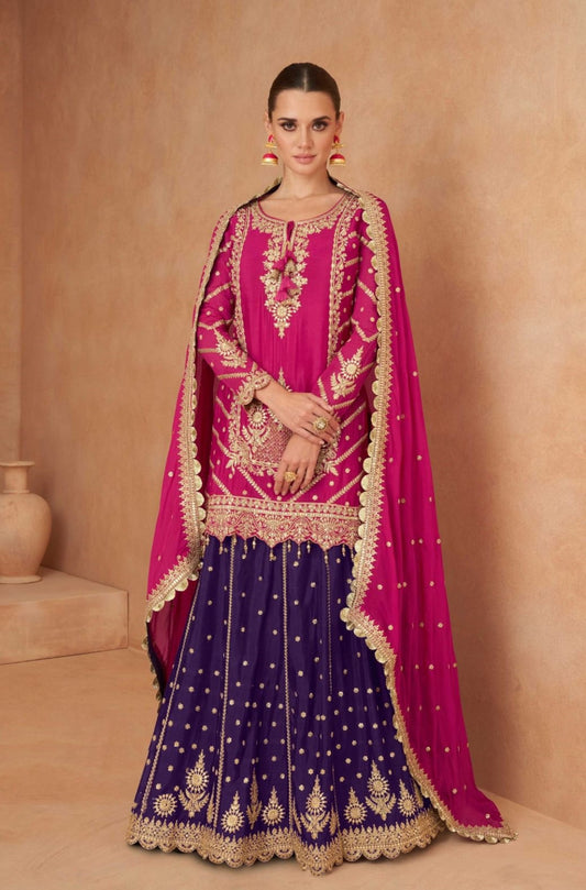 Pretty Pink And Purple Chinon With Embroidery Mirror Work Lehenga Bottom Suit Set