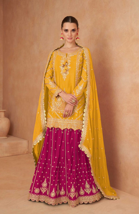 Charming Mustard And Pink Chinon With Embroidery Mirror Work Lehenga Bottom Suit Set