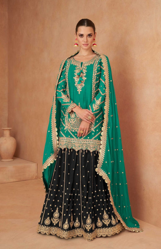 Comfy Rama Green And Black Chinon With Embroidery Mirror Work Lehenga Bottom Suit Set