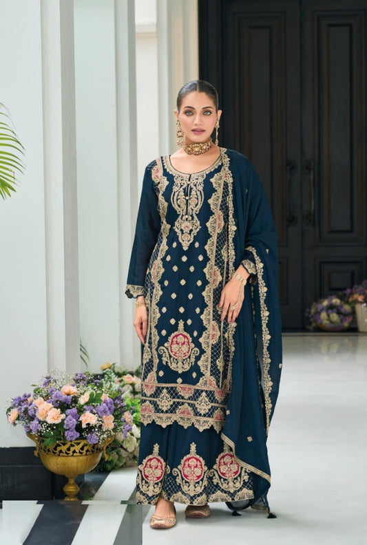 Women Navy Blue Heavy Chinon Pakistani Suit Set
