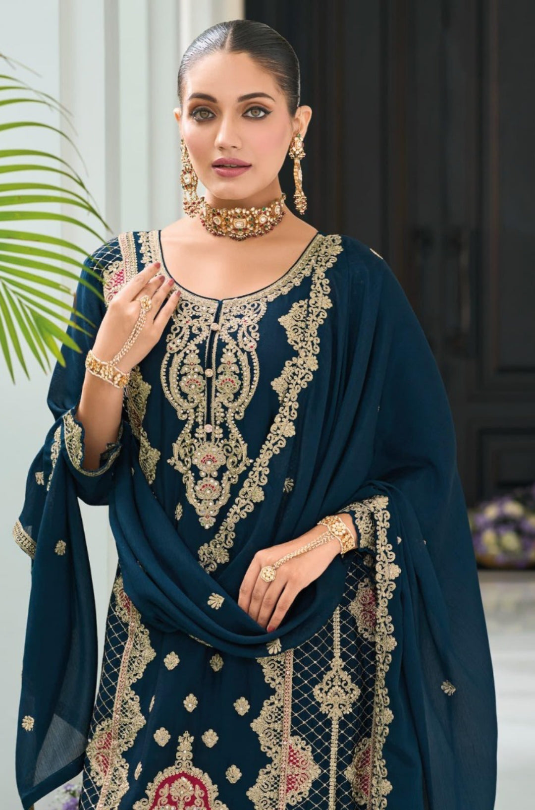 Women Navy Blue Heavy Chinon Pakistani Suit Set