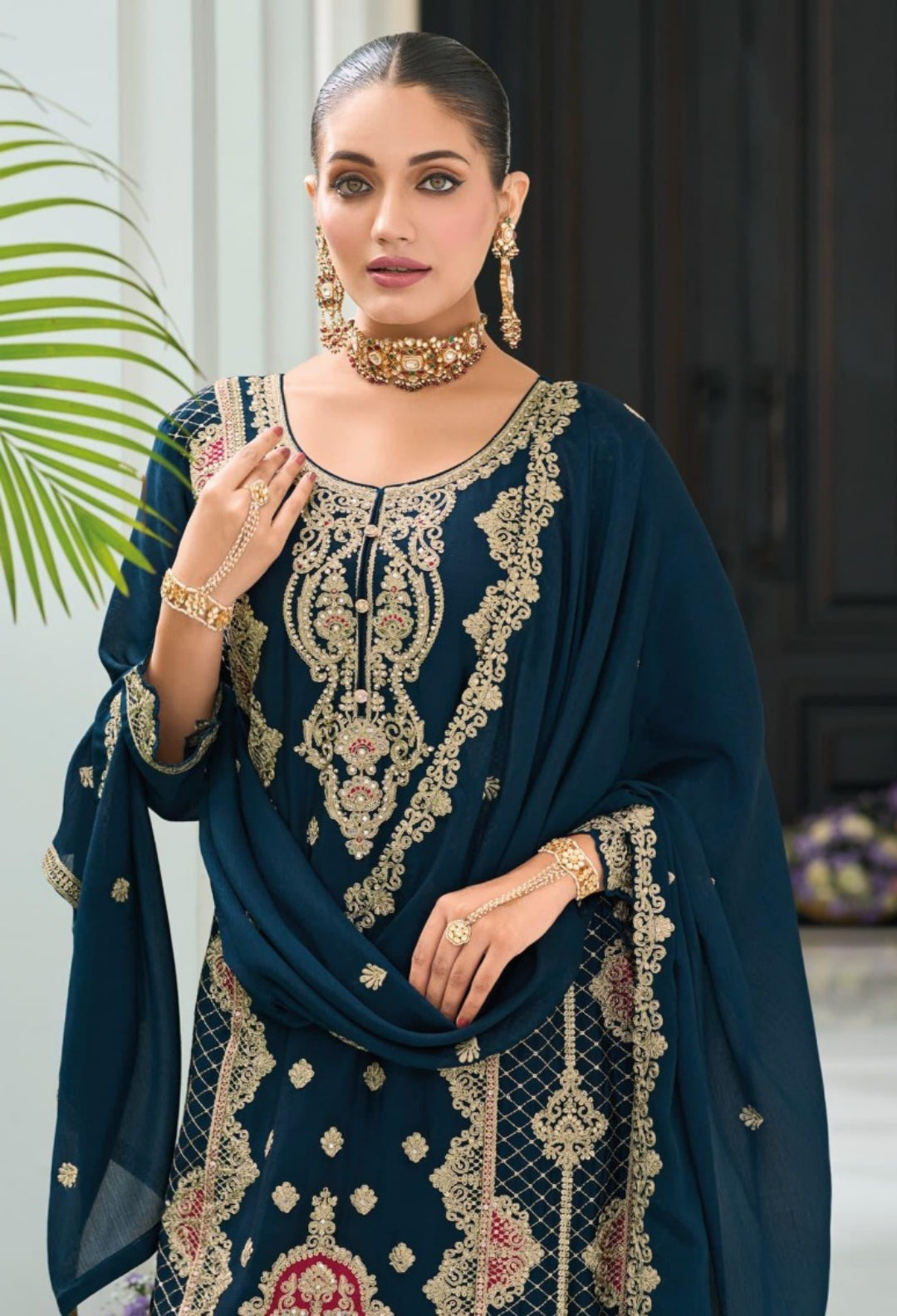 Women Navy Blue Heavy Chinon Pakistani Suit Set