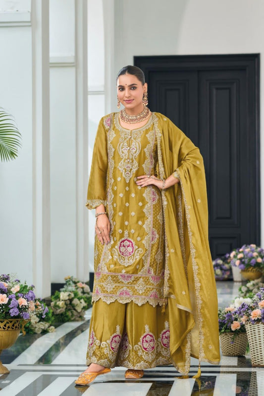 Women Dark Beige Heavy Chinon Pakistani Suit Set