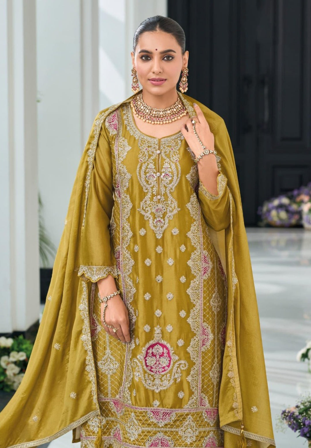 Women Dark Beige Heavy Chinon Pakistani Suit Set