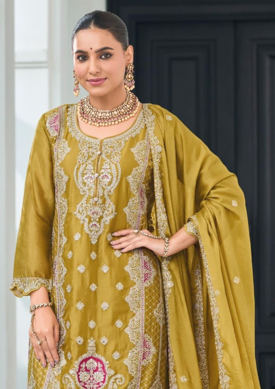 Women Dark Beige Heavy Chinon Pakistani Suit Set