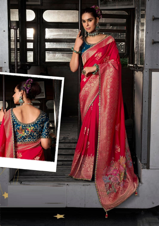 Women Red And Navy Blue Viscose Silk Embroidery Saree