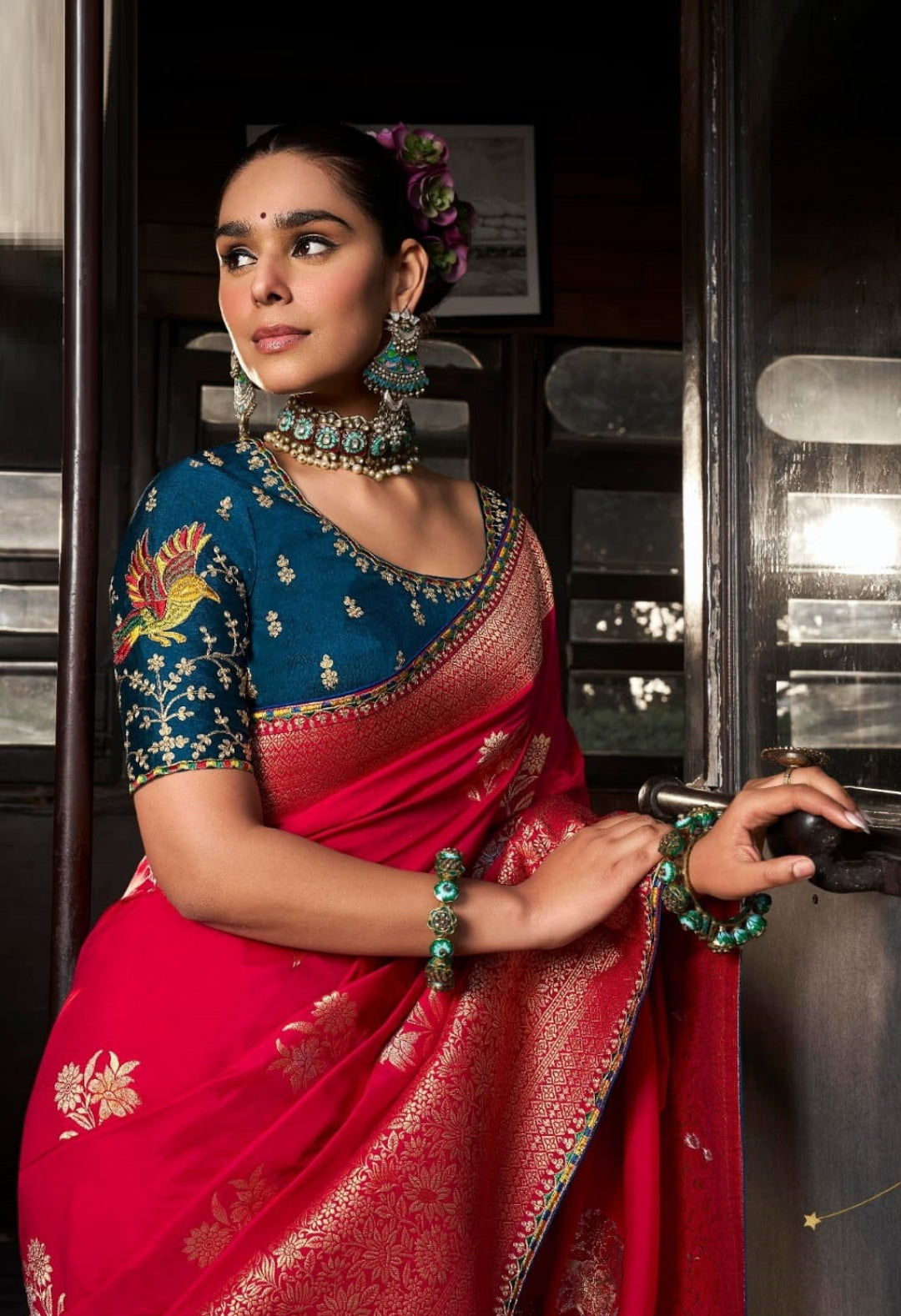 Women Red And Navy Blue Viscose Silk Embroidery Saree