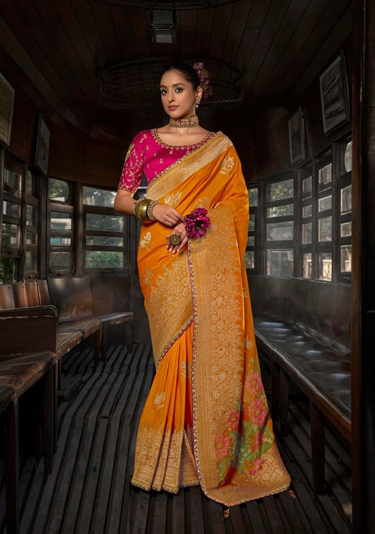 Women Orange And Pink Viscose Silk Embroidery Saree