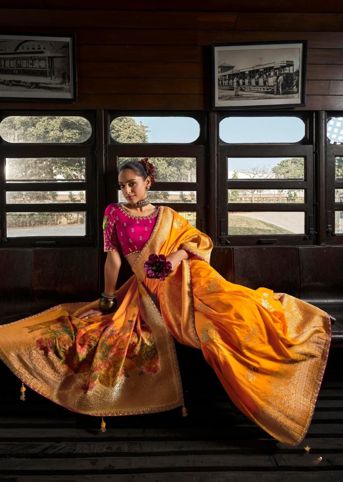 Women Orange And Pink Viscose Silk Embroidery Saree