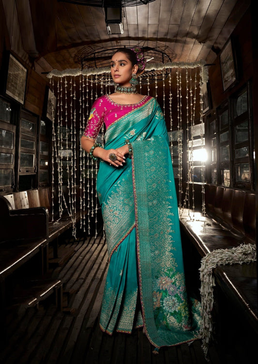 Women Teal And Pink Viscose Silk Embroidery Saree