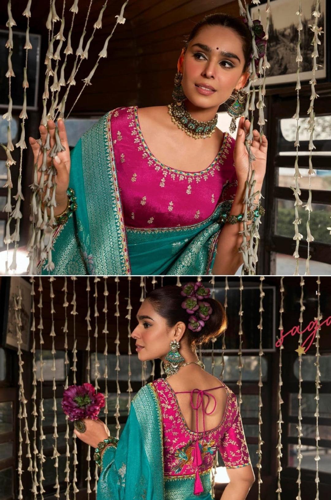 Women Teal And Pink Viscose Silk Embroidery Saree