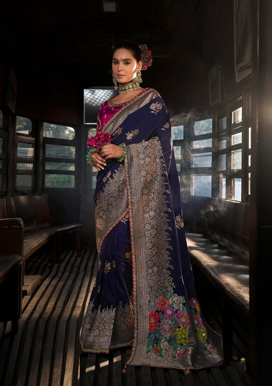 Women Dark Blue And Burgundy Viscose Silk Embroidery Saree