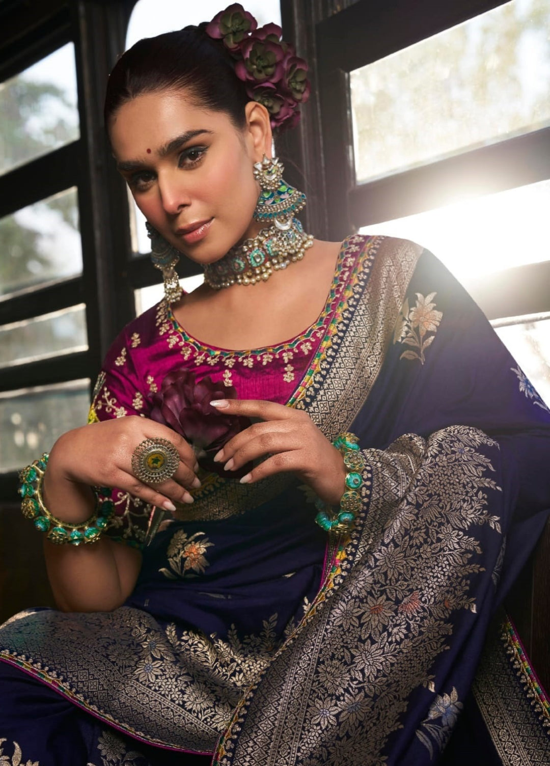 Women Dark Blue And Burgundy Viscose Silk Embroidery Saree