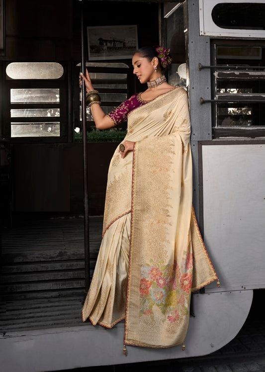 Women Beige And Burgundy Viscose Silk Embroidery Saree