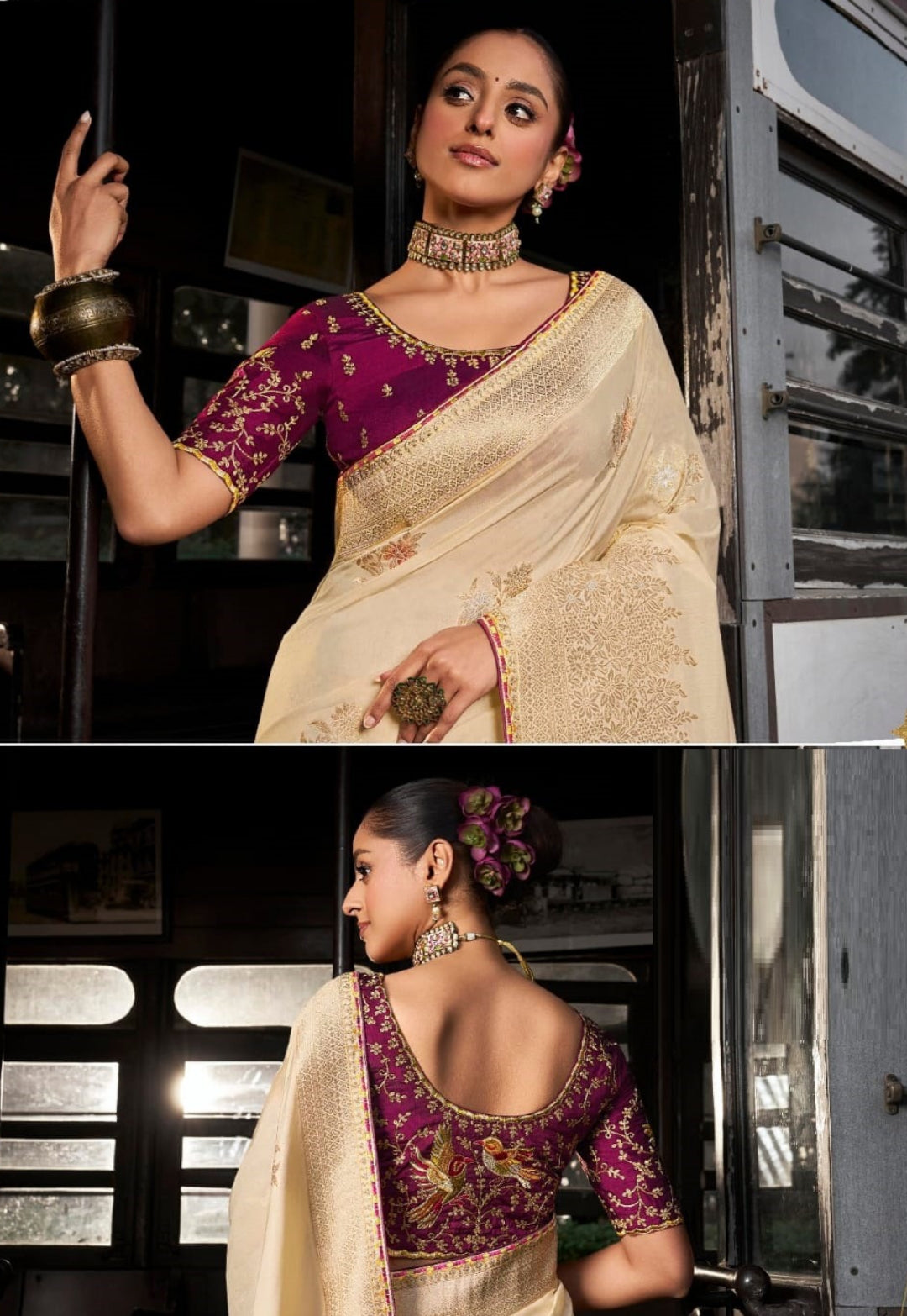 Women Beige And Burgundy Viscose Silk Embroidery Saree