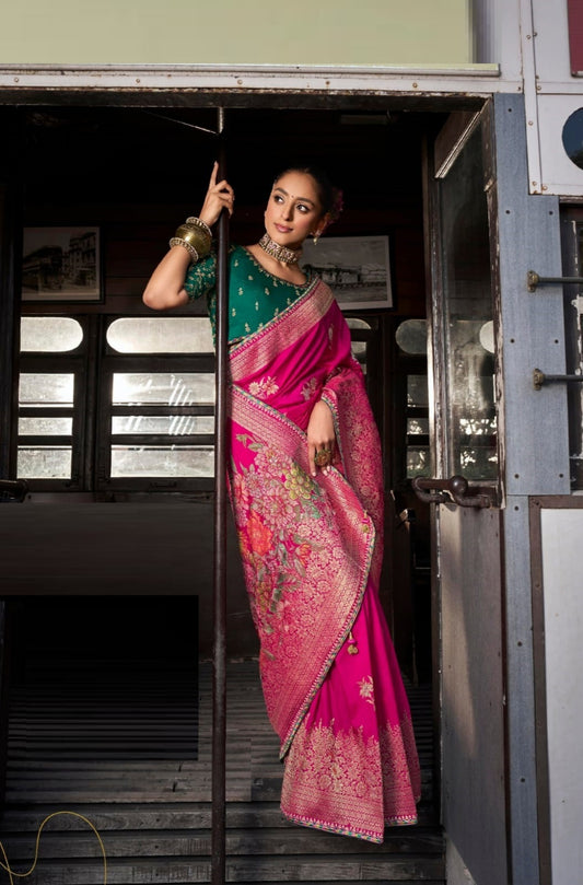 Women Pink And Green Viscose Silk Embroidery Saree